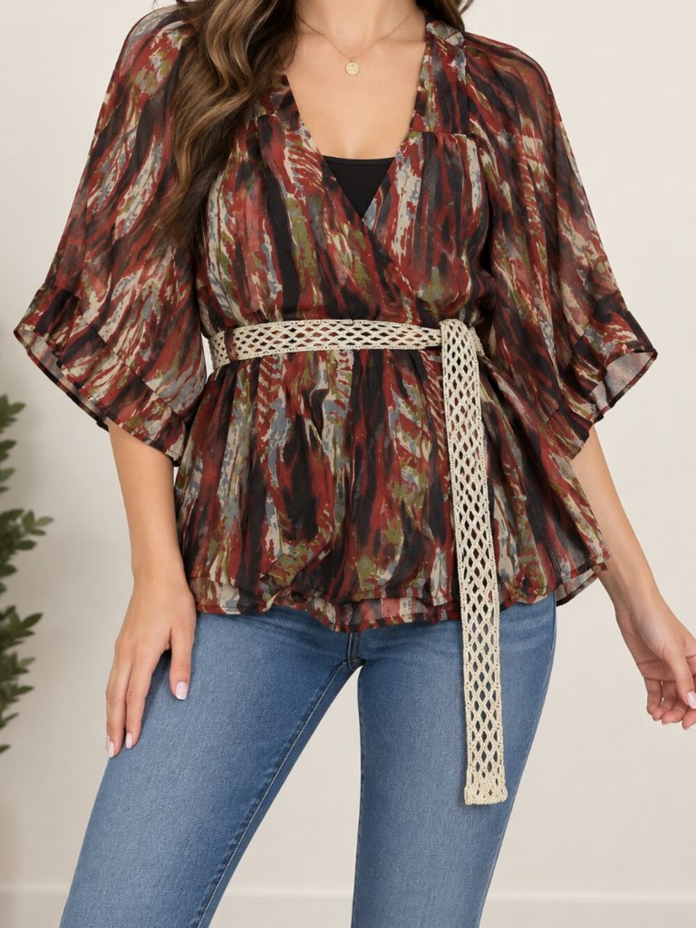 Daytrip Abstract Print Kimono Sleeve Belted Tunic Blouse Size S